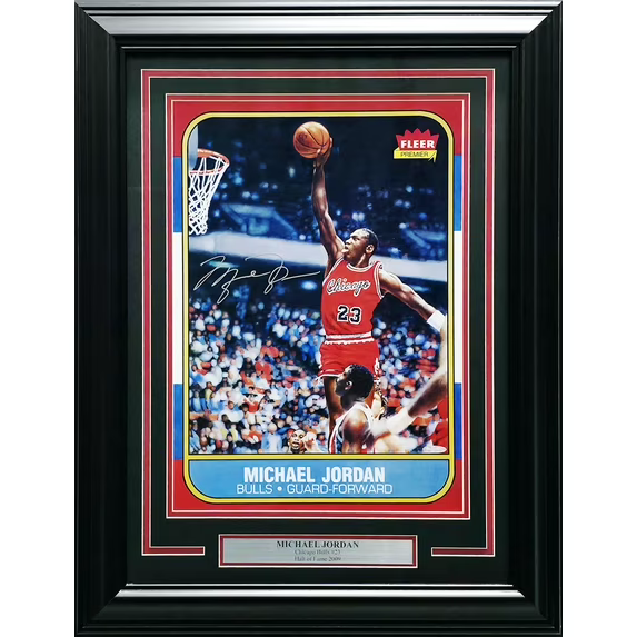 Michael Jordan Blow-Up-Poster-Wooden Display - image: 1986 Fleer Rookie Card